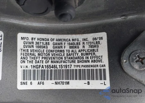 2006 Honda Civic Lx z USA, uszkodzony, nr VIN 1HGFA16546L151917
